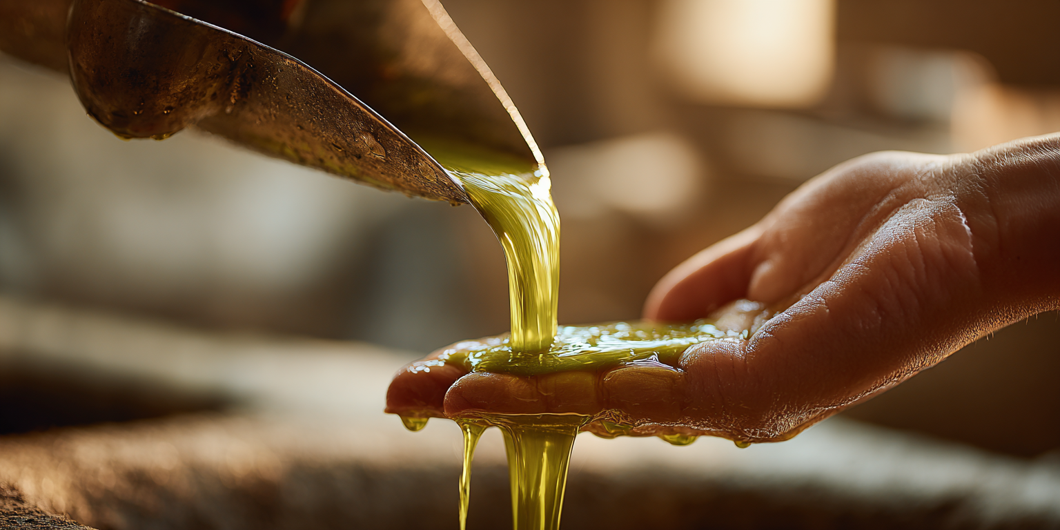 Freshly pressed extra virgin olive oil flowing from a mill spout